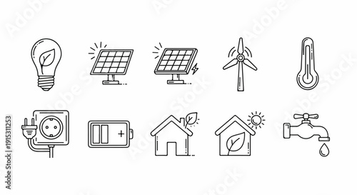 Illustrations of various energy sources and their applications in modern homes Vector