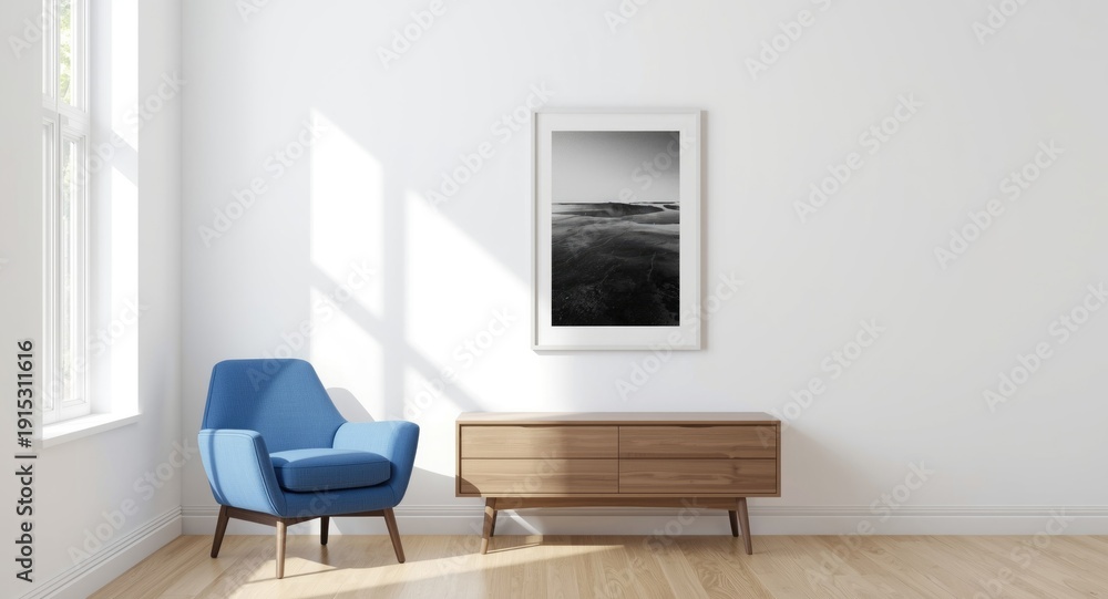 Fototapeta premium Clean white living room with a blue accent chair, vertical framed artwork, and drawers beneath