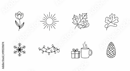 A collection of eight intricate line drawings depicting various nature and holiday themes. Vector