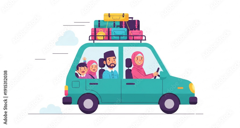 Fototapeta premium Cute red family car with suitcases and travel bags on the roof, isolated on white background.