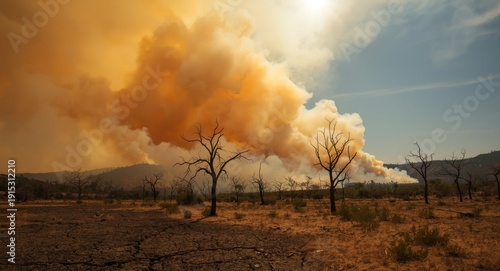 Smoke billows above parched...