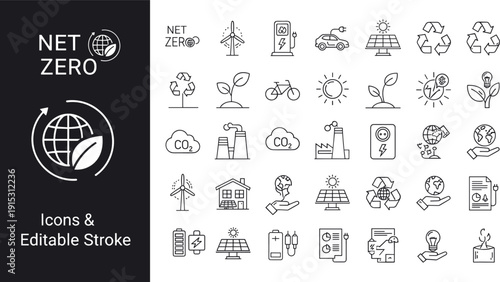 Net zero emissions icon set featuring renewable energy green technology recycling and sustainability symbols cad drawing flat vector illustration (20 words)