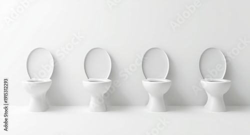 Four white toilets shown fr...