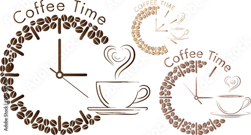 Vector illustration of coffee bean clocks with steaming cup
