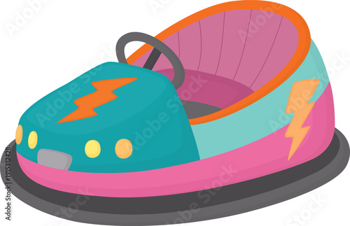 Illustration with bright bumper car isolated on white. Fun and dynamic car from amusement park. 