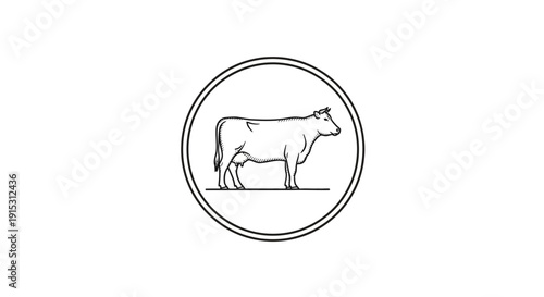 A minimalist black and white line art illustration of a cow standing in profile, enclosed within a double circular frame.