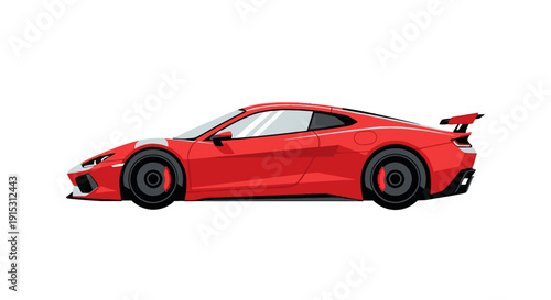 A vibrant red modern sports car with a sleek design and rear spoiler, viewed from the side on a white background.