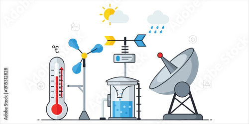 Weather monitoring system illustration showing thermometer, anemometer, rain gauge, and satellite dish in a landscape view