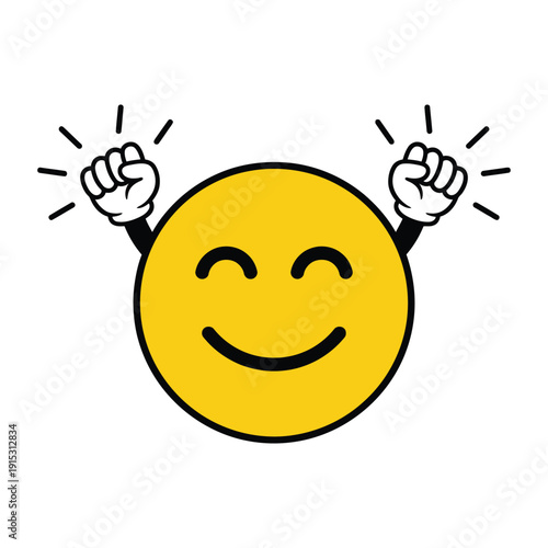 A cheerful smiley face illustration with raised fists and animated movement