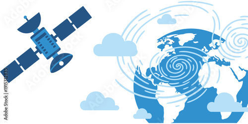 Satellite orbiting Earth with global communication networks in a cloud-filled sky