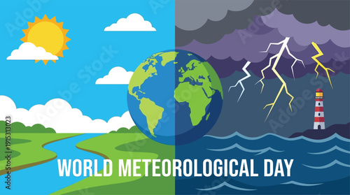 Contrasting Weather Conditions on World Meteorological Day Illustration Featuring Earth and Dramatic Skies