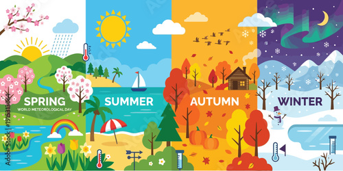 A vibrant collage depicting the four distinct seasons, Spring, Summer, Autumn, and Winter, in a stylized landscape view.