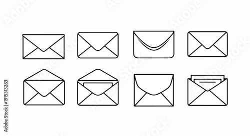 Nine different styles of envelopes, each with unique designs and features. Vector