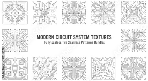 Modern circuit system textures bundle featuring fully scalable tile seamless patterns in black and white line art style for digital designs.