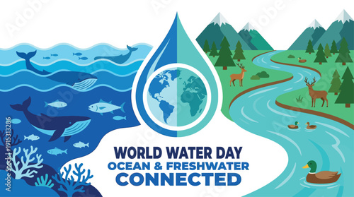 Celebrating World Water Day with Ocean and Freshwater Connection Illustration