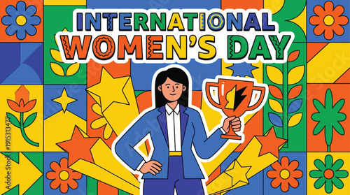 A confident businesswoman celebrating International Women's Day with a trophy surrounded by colorful flowers and stars in a vibrant illustration