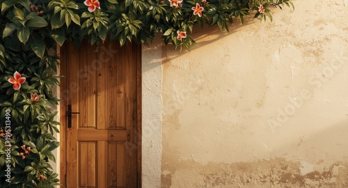 Wooden door bordered by tro...