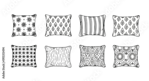 Assorted decorative pillows with various patterns and designs Vector