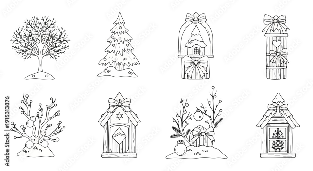 Naklejka premium A delightful collection of charming and whimsical treehouse illustrations Vector