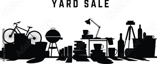 Yard sale silhouette illustration with household items bicycle books cups grill, second hand market concept, garage sale black white design