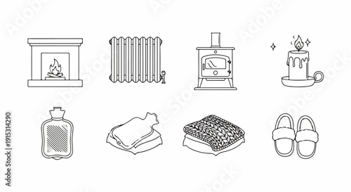 Various household items including a fireplace, radiator, and slippers. Vector