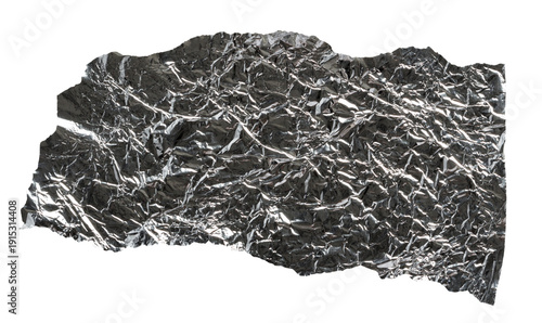 Silver torn piece of foil with wrinkled reflective pattern on transparent background