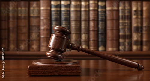 Wallpaper Mural Law office detail showing wooden gavel and base with legal bookshelf behind Torontodigital.ca