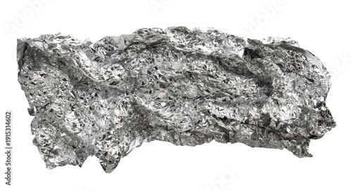 Silver torn piece of foil with wrinkled reflective pattern on transparent background