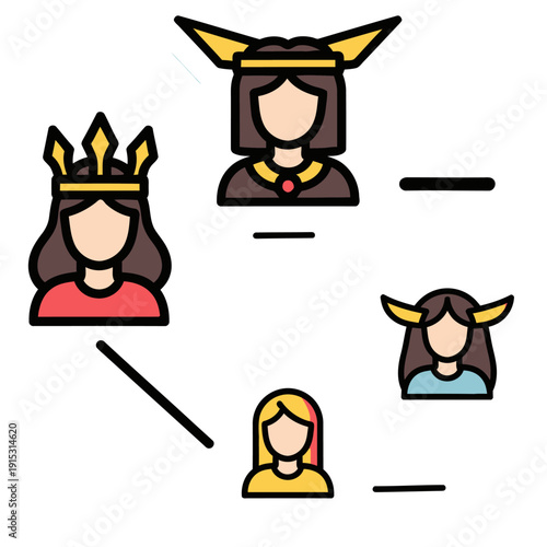 Royal lineage illustration, family tree concept, historical characters, vector graphic for genealogy and heritage research