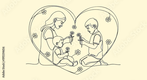 Vector illustration of a family with a baby sitting in a heart shape with flowers