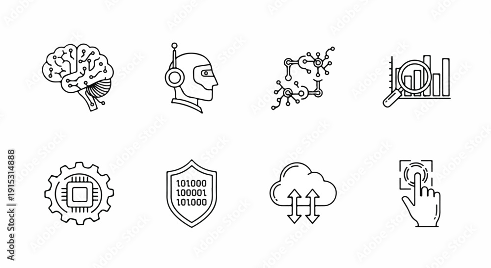Fototapeta premium Icons representing various aspects of learning, technology, and security Vector
