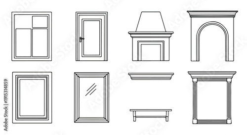 Various architectural elements including windows, doors, and arches Vector