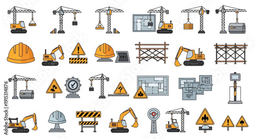 A comprehensive collection of construction site elements, machinery, safety gear, and warning signs, depicted as flat design icons.