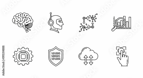 Icons representing various aspects of learning, technology, and security Vector
