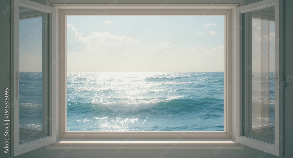 Fototapeta premium Quiet sea landscape viewed through open window on a bright summer morning
