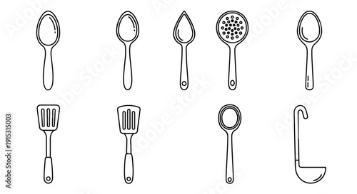 An assortment of kitchen utensils including spoons, ladles, and masher Vector