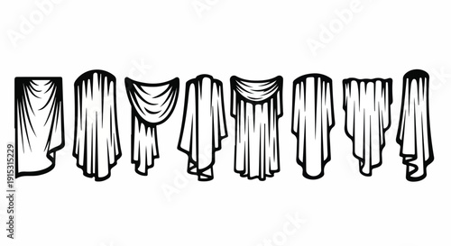 A variety of different types of curtains displayed in a row. Vector