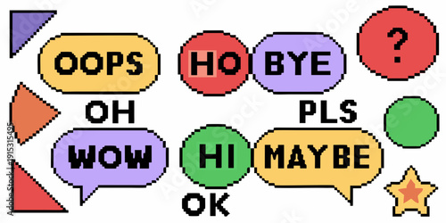 Colorful speech bubbles and shapes displaying various interjections and greetings