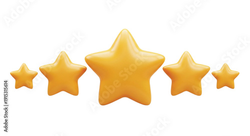 Five glossy, orange stars are aligned against a white background. The central star is the largest, with two smaller stars on each side, creating a symmetrical pattern.