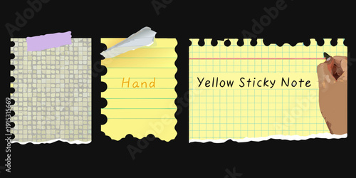 Torn paper and yellow sticky notes with handwritten text on black background