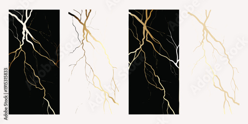 Four vertical panels depicting abstract gold and white lightning like cracks