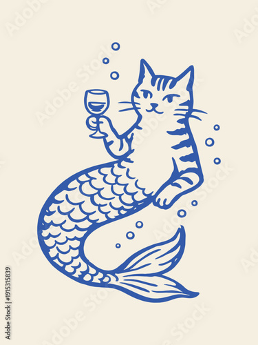 Cat mermaid holding wine glass naive line art vector illustration