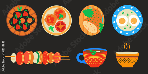 Colorful illustration of japanese cuisine including sushi dumplings and tea