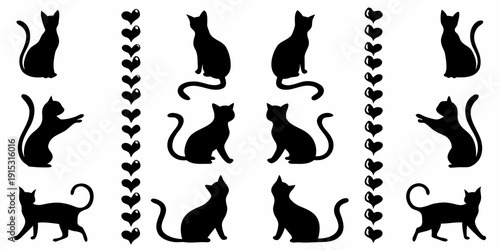 Black silhouettes of cats in various poses with heart shaped patterns