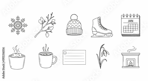 Illustrations of winter activities and items, including skiing and hot beverages. Vector