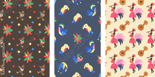 Three patterned fabric swatches featuring tropical birds and folk art