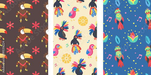 Colorful pattern featuring toucans parrots and tropical elements