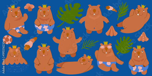 Playful capybaras with crowns and tropical leaves on a blue background