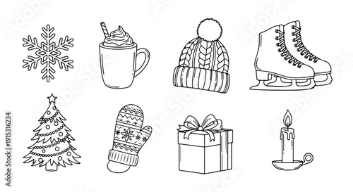 Winter-themed illustrations featuring various festive and icy elements. Vector