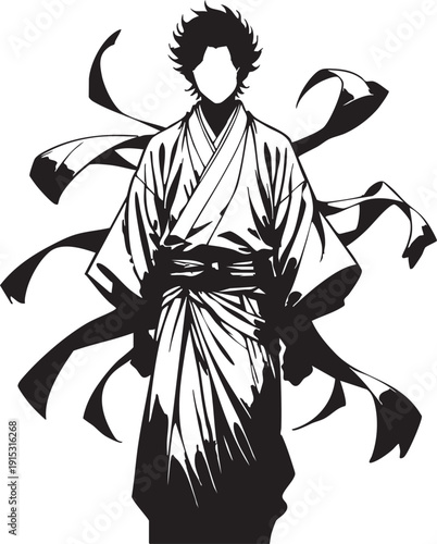 Vector illustration: anime samurai warrior in kimono with flowing ribbons eps silhouette